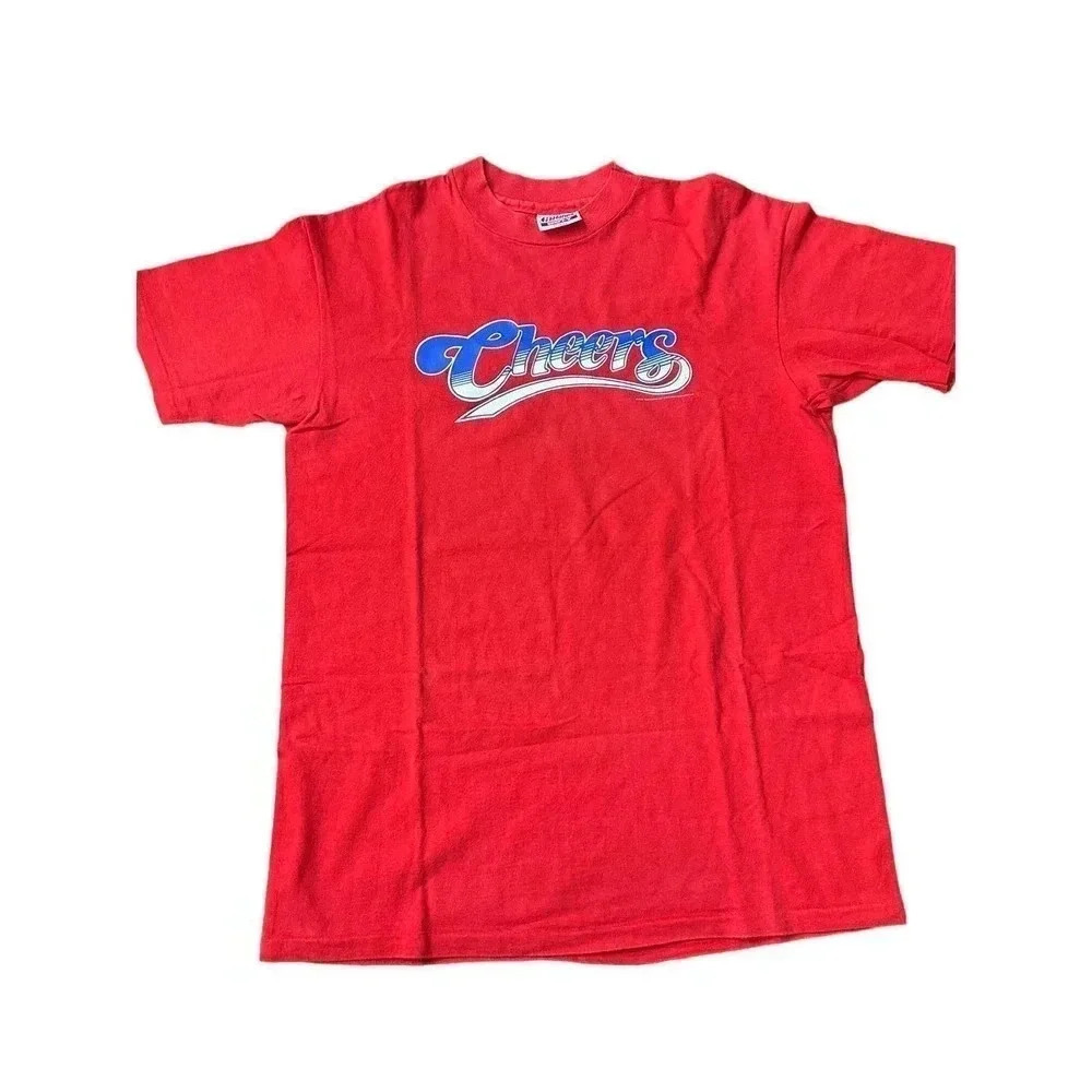 Hanes Beefy-T T-Shirt Cheers Chest Print Crew Neck Short Sleeve Red Blue Mens L